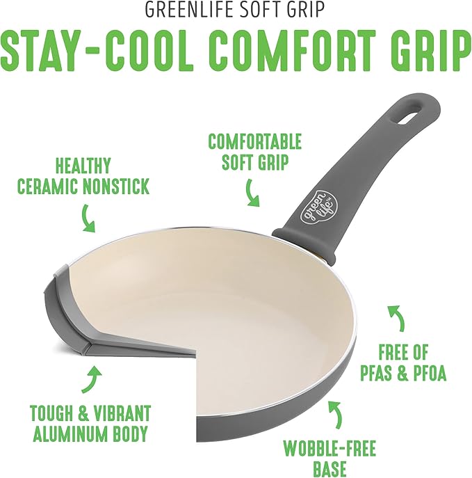GreenLife Soft Grip 1QT and 2QT Saucepan Set, Healthy Ceramic Nonstick, Non Toxic PFAS & PFOA-Free, Dishwasher Safe, Glass Lids, Stay-Cool Handles, Easy Clean Cookware, Kitchen Essentials, Gray