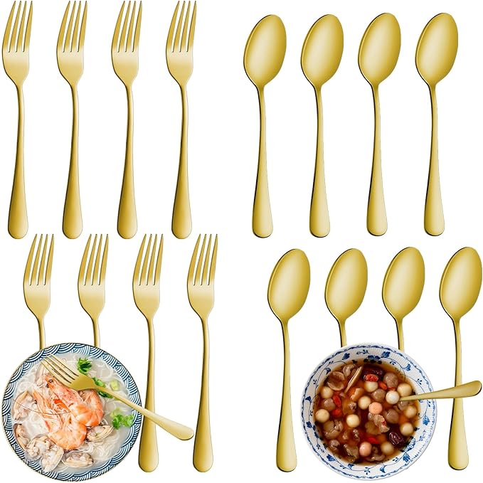 24 Pcs Gold Forks and Spoons Silverware Set, Food Grade Stainless Steel Flatware Cutlery Set for Kitchen and Restaurant, 12 Dinner Fork(8") and 12 Teaspoon(6.7"), Mirror Polished, Dishwasher Safe
