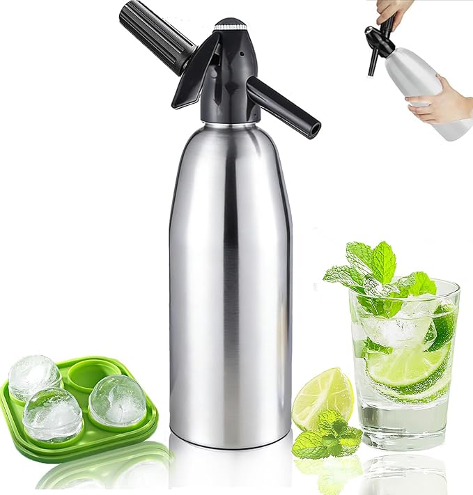 Soda Siphon,1L Soda Maker Sparkling Water Maker, Portable Soda Maker for Home & Outdoor,Aluminium Carbonated Water Machine for Cocktails DIY Sparkling Drinks,Use 8 gram CO2 Cartridges (Not Included)