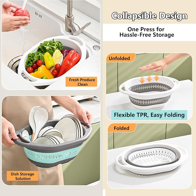 2-Pack Collapsible Silicone Colander Strainer, Foldable Kitchen Sink Basket for Washing Vegetables & Pasta, Space Saving & Dishwasher Safe, Kitchen Essentials