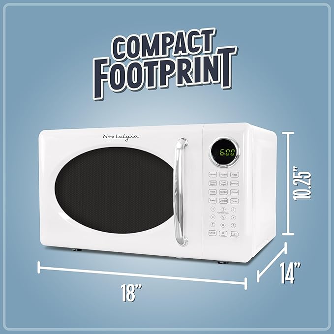 Nostalgia Retro Microwave Oven - 0.7 Cu Ft, 700-Watt Countertop Size with Glass Turntable, Child Safety Lock, 8 Auto-Cook Programs, Digital Clock - White