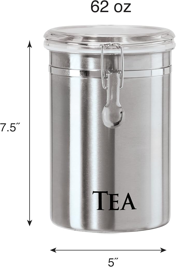 Oggi Stainless Steel Tea Canister 62 fl oz - Airtight Clamp Lid, Clear See-Thru Top - Ideal for Tea Bag, Loose Tea, Kitchen Storage, Pantry Storage. Large Size 5" x 7.5".