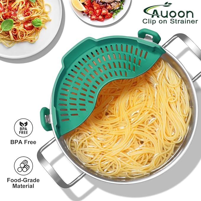 AUOON Oversized Pot Strainer Clip on Silicone - Family-Style Design Pasta Strainer Heat Resistant Kitchen Colander for Spaghetti and Noodles | Dishwasher Safe