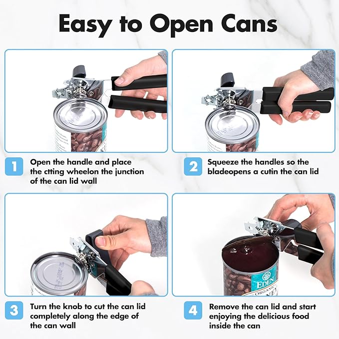 Can Opener Manual, COKORA Can Openers Hand Held with Comfort Anti-Slip Handles, Heavy Duty Stainless Steel Can Opener Smooth Edge and Bottle Openers, Easy Turn Can Openers for Seniors, Kitchen, Black