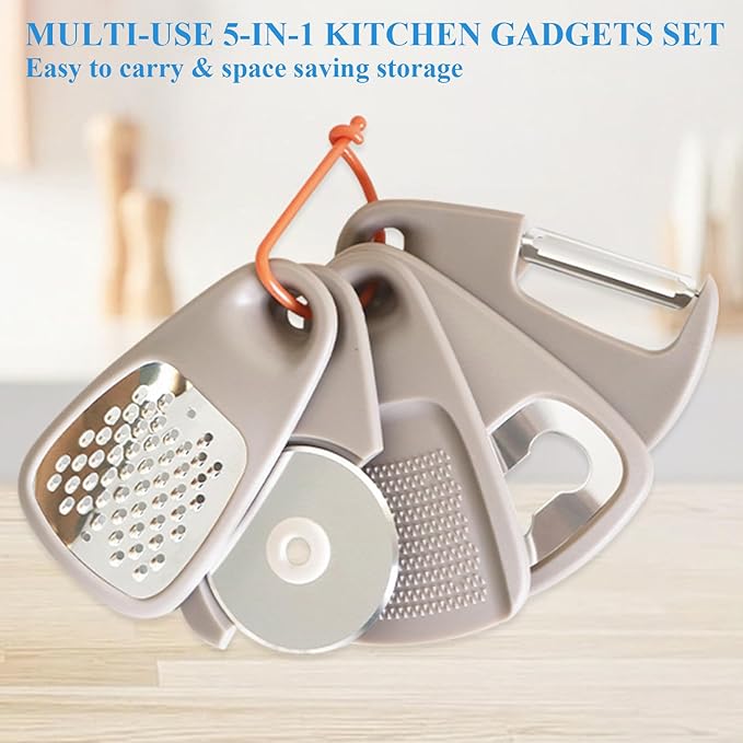 Kitchen Gadgets Set 5 Pieces, Space Saving Cooking Tools Kitchen Accessories-Garlic/Ginger Grinder, Cheese Grater, Vegetable/Fruit Peeler, Pizza Cutter, Bottle Opener, Gadgets Gift Set