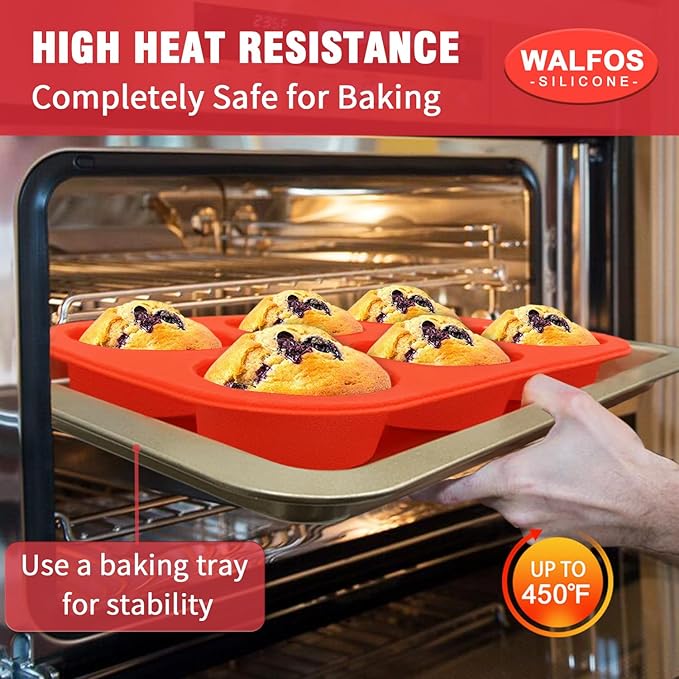 Walfos Silicone Muffin Pan - 6 Cup Non-Stick Silicone Cupcake Pan, Just PoP Out! Food Grade and BPA Free Baking Cups, Perfect for Egg Muffin, Cupcake, Dishwasher Safe (2 Pack Muffin Pan)