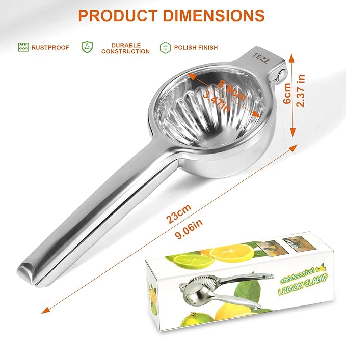 TEZZ Upgrated Extra Large Lemon Squeezer, Heavy Duty Handhelp Orange Juicer with 3.47'' extra big Filter Bowl, Stainless Steel Hand Press Citrus Juicer, Lime Squeezer Bar Tool, Manual Citrus Press