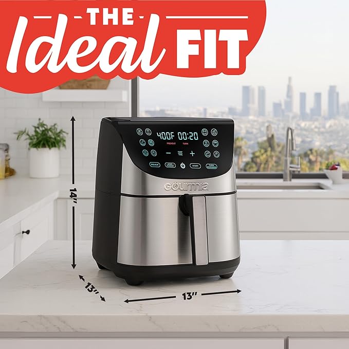Gourmia Air Fryer - 8 Qt Extra Large Capacity, FryForce360º, Digital Display with 12 Presets, Roast, Bake, Broil, Dehydrate, Dishwasher Safe Accessories, Stainless Steel