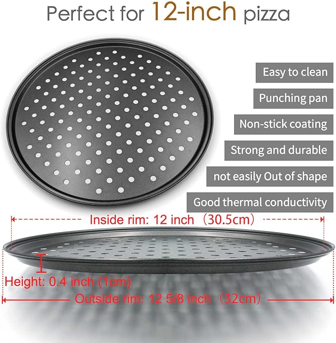 Handook Pizza Pan for Oven, Nonstick Pizza Pans, Carbon Steel Pizza Pan with Holes, Pizza Baking Pan for Oven Baking Supplies, for Home Baking Kitchen Oven Restaurant (12 Inch)