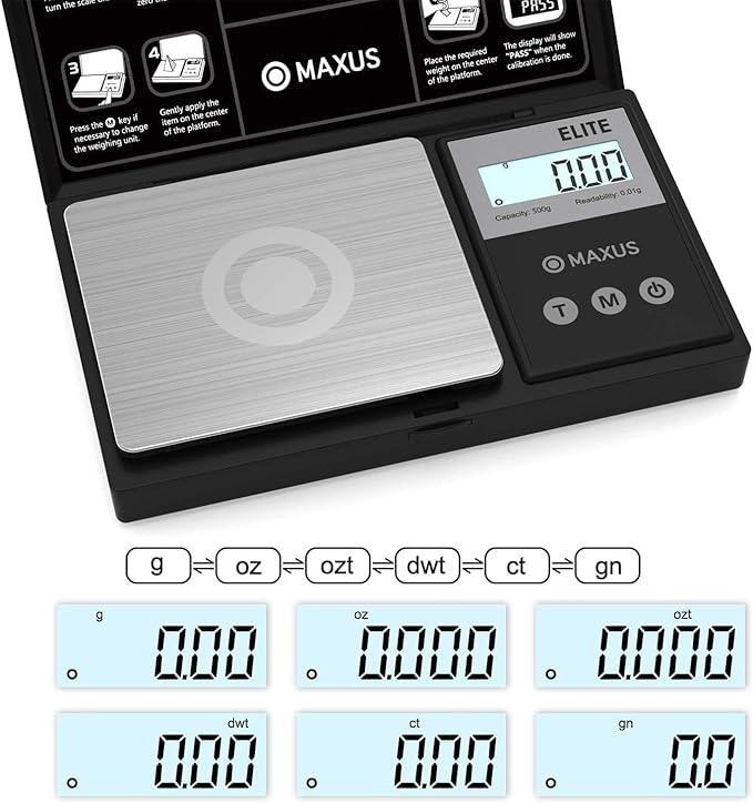 MAXUS Digital Pocket Gram Scale 500g x 0.01g High Precision with Tray, Weighs Small Food, Jewelry, Ounces, Grains, LCD Display, Tare Function