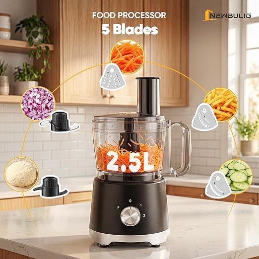 NEWBULIG Food Processor 10.5 Cup, Vegetable Choppers with Slicing Shredding Chopping Kneading, Dishwasher Safe, Food Grinder, Stainless Steel Blades, for Smoothie Fruit Dough, 2.6QT
