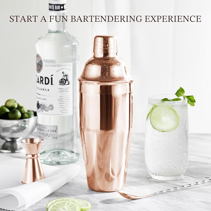 KITESSENSU Cocktail Shaker Set, Stainless Steel Bartending Kit with 25 Ounce Cocktail Shaker with Built in Drink Strainer, Measuring Jigger, Mixing Spoon & Drink Recipe Guide, Rose Gold