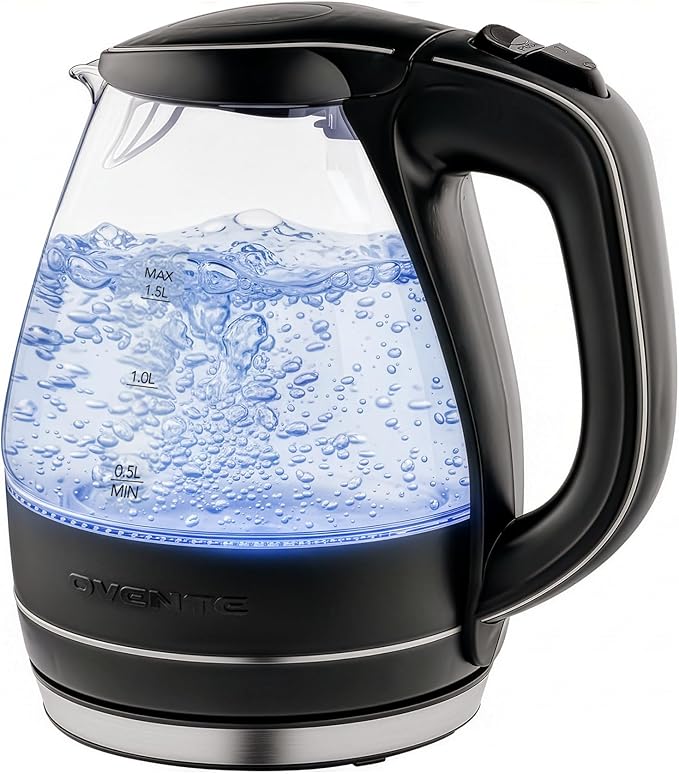 OVENTE Electric Kettle, 1.5L Borosilicate Glass Countertop Water Heater and Boiler for Coffee or Tea, BPA-Free, Auto Shut-Off, Boil-Dry Protection, Removable and Washable Spout Filter, Black KG83B