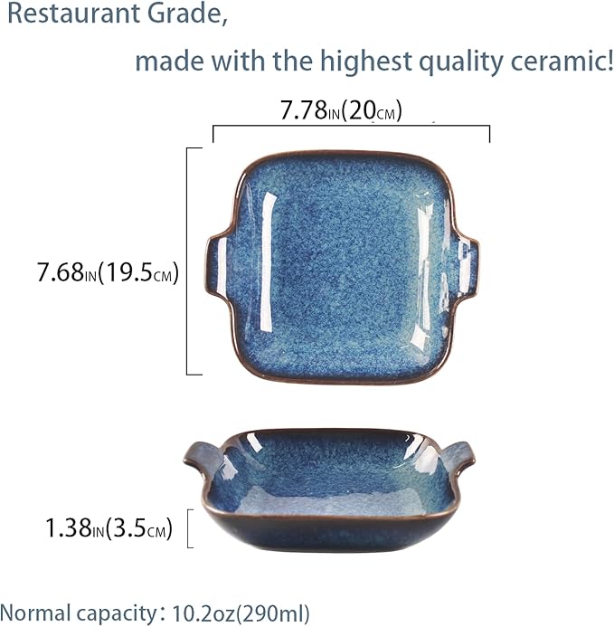 Ceramics Au Gratin baking Dishes Set of 4, Baking Tray Bake ware, 10.2 oz Ramekins, for Pie Pan, Appetizer, Tart, Dessert, Quiche, Oven Small dish, individual dishes, Square 7.8 Inch