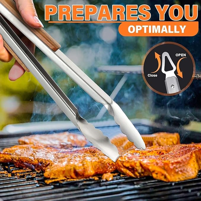 TIVOLI 4PCS Grilling Accessories, Heavy Duty BBQ Tool Set with Stainless Steel Spatula, Tongs, Fork, Cleaning Brush, Wood Handles Barbecue Utensils Kit for Outdoor, Perfect Grill Gifts for Dad Men