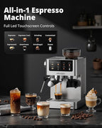 AIRMSEN Espresso Machines with Burr Grinder, 20 Bar, Milk Frother Steam Wand, Stainless Steel Coffee Maker for Home - Cappuccino Latte & Cold Brew Iced Coffee Maker & Americano