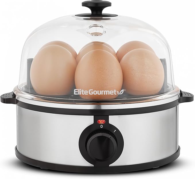 Elite Gourmet EGC724SS Easy Electric Poacher, Omelet Eggs & Soft, Medium, Hard-Boiled Egg Boiler Cooker with Auto Shut-Off and Buzzer, Measuring Cup Included, BPA Free, 7, Stainless Steel