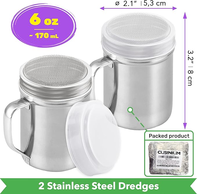 CUSINIUM Powdered Sugar Shaker Duster - With Handle - Cinnamon Shaker For Coffee Bar - Fine Mesh Dredge - 6 ounce, pack of 2 | Style: Fine