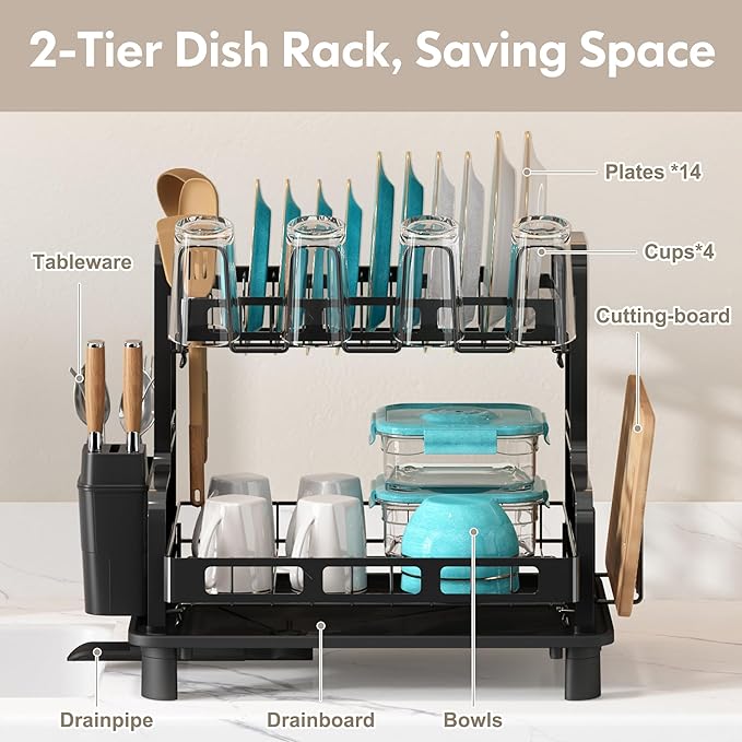 BOOSINY Dish Drying Rack, 2 Tier Large Stainless Steel Black Dish Rack with Drainboard Set for Kitchen Counter, Space Saving Plates Drainer Rack with Cups Holder & Utensil Holder, Dish Strainer Holder