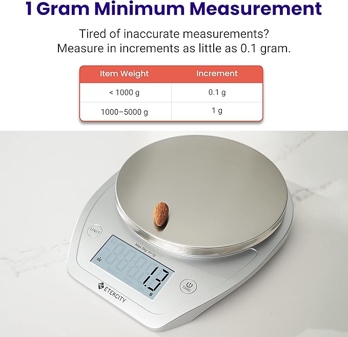 Etekcity 0.1g Food Kitchen Scale, Bowl, Digital Grams and Ounces for Weight Loss, Dieting, Baking, Cooking, and Meal Prep, 11lb/5kg, Stainless Steel Silver