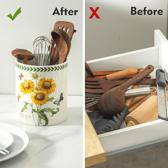 7" Flower Utensil Holder, Large Kitchen Utensil Holder Organizer , White Stable Utensil Crock Spatula Holder for Kitchen Counter Countertop Farmhouse Cooking Tools Holder(Sunflower)