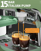 Amaste Espresso Machine with Grinder, 15 Bar Espresso Machine with Steam Wand for Latte and Cappuccino, 68Oz Water Tank, Pre-Infuse Brewing, Espresso Coffee Maker for Home Use, Barista Kit, Green