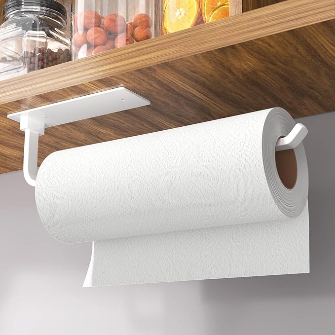 Paper Towel Holder - Self-Adhesive or Drilling, White, Upgraded Aluminum Kitchen Roll Dispenser Under Cabinet, Lighter but Stronger Than Stainless Steel!