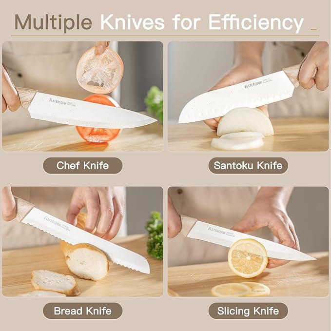 Astercook Knife Set, 13 Pieces Kitchen Knives Set with Ceramic Coating, Stainless Steel Chef Knife Sets with 6 Blade Guards, Dishwasher Safe Knives with Wooden Handle, White