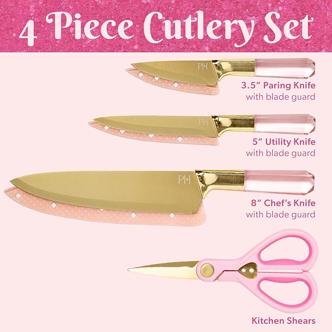 Paris Hilton Stainless Steel Knife Set with Jewel Shaped Handles and Gold Blades, Iconic Cutlery Set, 4-Piece, Pink