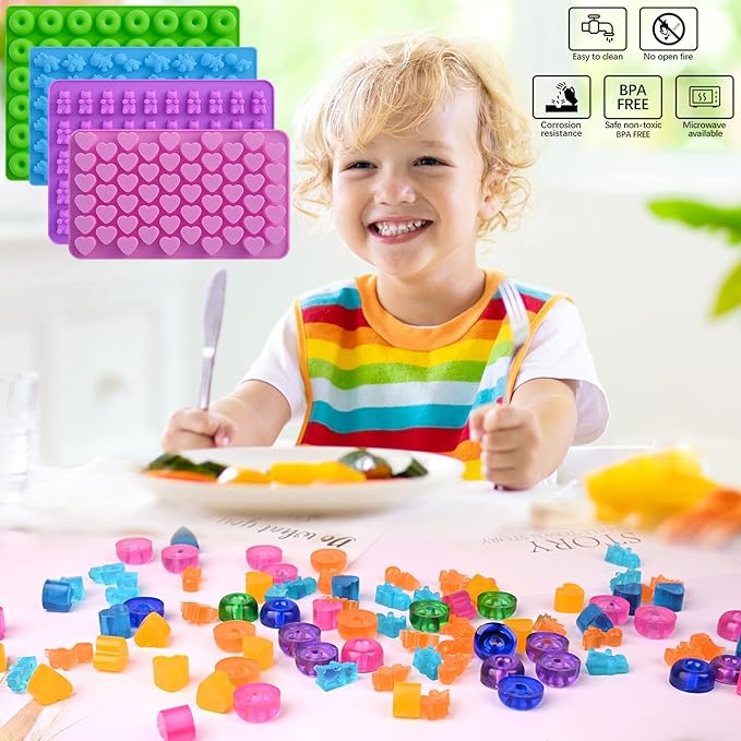 Sakolla Gummy Candy Molds Silicone with 2 Droppers Pack of 4 Mini Silicone Molds Including Dinosaur, Bear Shape, Hearts and Donut Gummie Chocolate Molds for Kids