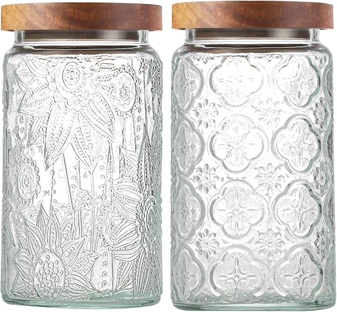 2-Pack 34 OZ Vintage Glass Jar with Lid, Airtight Food Storage Canisters with Bamboo for Kitchen Counter Pantry, Ideal for Coffee, Candy, Tea, Oats, Sugar, Cookies Decorative Jars
