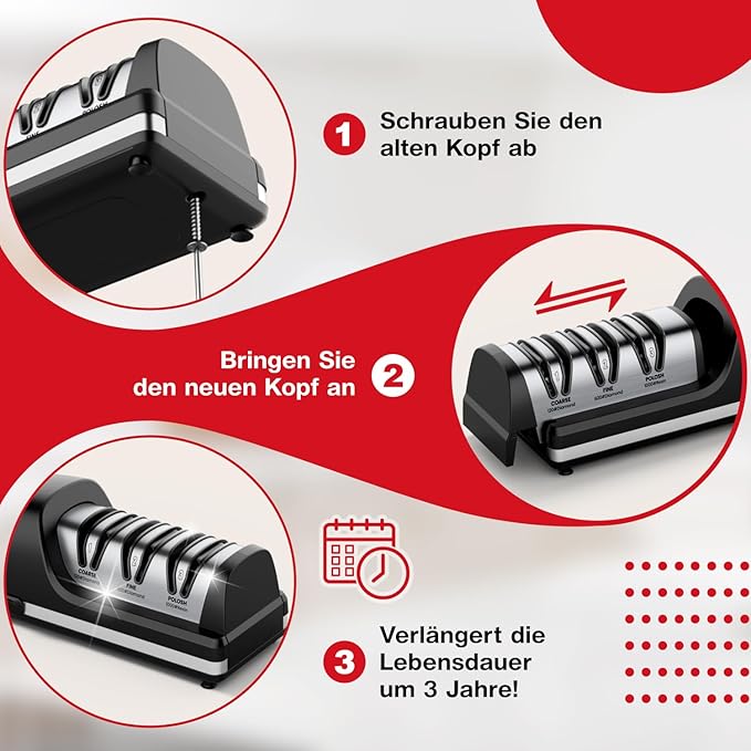Professional Electric Knife Sharpener, 3-Stage Diamond Abrasive Sharpening System, Replaceable Sharpening Heads, 15° Precision Angle Guide for Kitchen Knives, Quick Blade Repair and Restoration