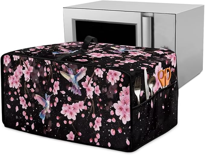 Hummingbird Cherry Blossom Print Toaster Oven Cover, Heat-Resistant Toaster Cover Dust-Proof Microwave Oven Protector, Protections for Kitchen, Black, (Small-14.5*18.46*9 inches)
