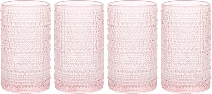 Glaver's Hobnail Drinking Glasses, Pink Vintage Glassware Set, Beaded Drinking Glasses, Set Of 4 15 oz Cocktail Glass Set, Bubble Glasses, For Everyday Usage