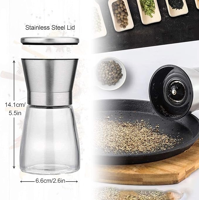 LessMo Salt and Pepper Grinder Set with Wooden Standing Tray, Refillable Pepper Mill Set - Brushed Stainless Steel - Short Glass Shakers with Adjustable Coarseness for Peppercorn, Salt or Spice Mills