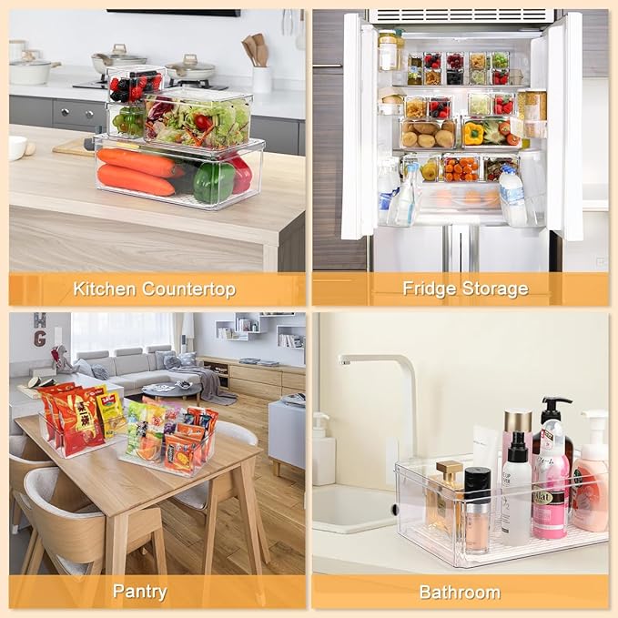 14 Pack Fridge Organizer, Stackable Refrigerator Organizer Bins with Lids PBA-Free, Clear Fridge Organizers and Storage for Kitchen, Countertops, Cabinets, Fridge, Drinks, Fruits, Vegetable, Cereals
