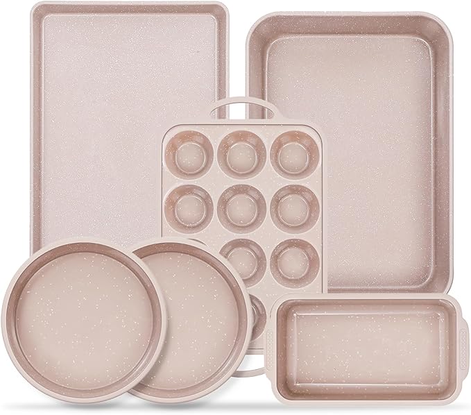 Vinino 6-Piece Baking Pans Set Nonstick, Bakeware Set includes Silicone Muffin, Loaf, Cake Pans with Metal Reinforced Frame. And includes Carbon Steel Roasting Pan, Cookie Sheet for Oven