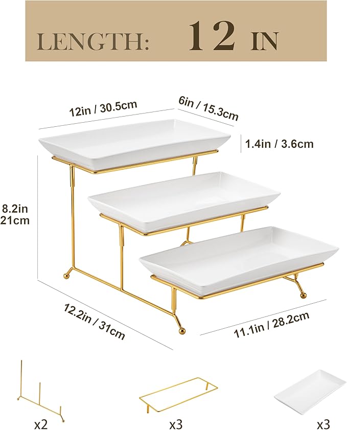 MALACASA 3 Tier Serving Trays for Party, 12 Inch Porcelain White Trays for Serving Food, Dessert Stand with Collapsible Gold Metal Rack