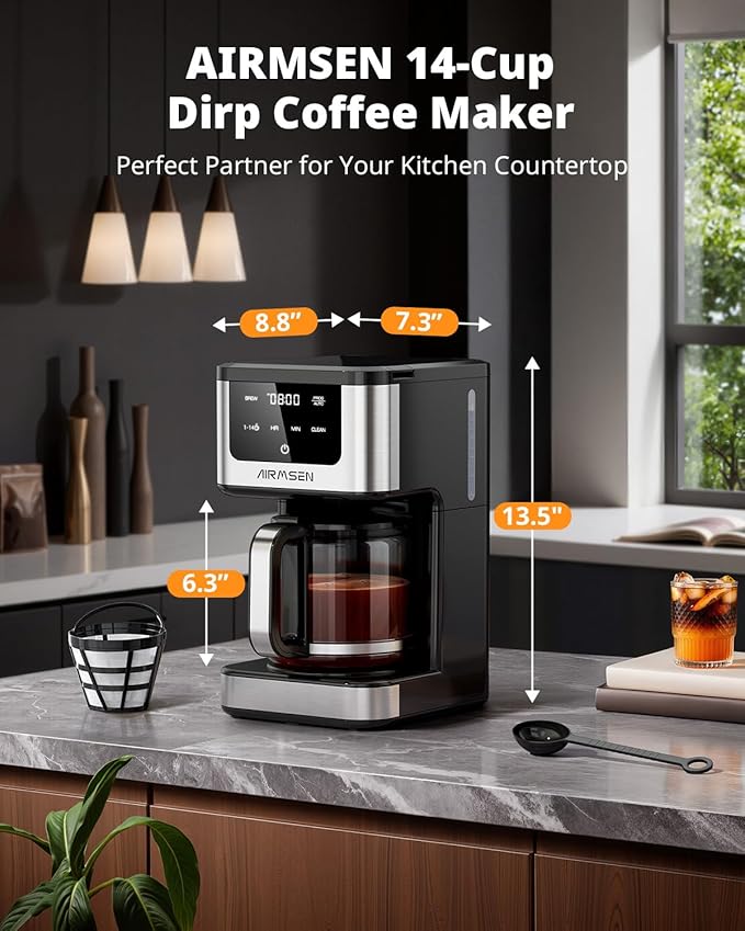 AIRMSEN 14-Cup Programmable Drip Coffee Maker – 1000W Fast Brewing Coffee Machine with Timer, Delay Start & 2H Keep-Warm, 73oz Tank, Touchscreen & Glass Carafe – Perfect for Home & Office Use