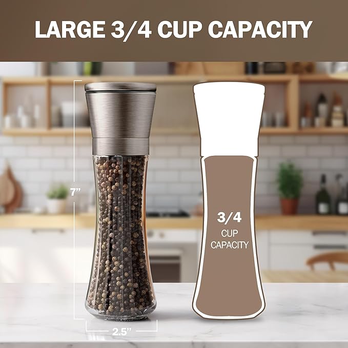 Home EC Original Gun Metal Bronze Salt and Pepper Grinder Set of 2 - Adjustable Ceramic Grinder - Tall Glass Salt and Pepper Shakers With Funnel and Ebook - Spice Mill - Bronze Kitchen Accessories