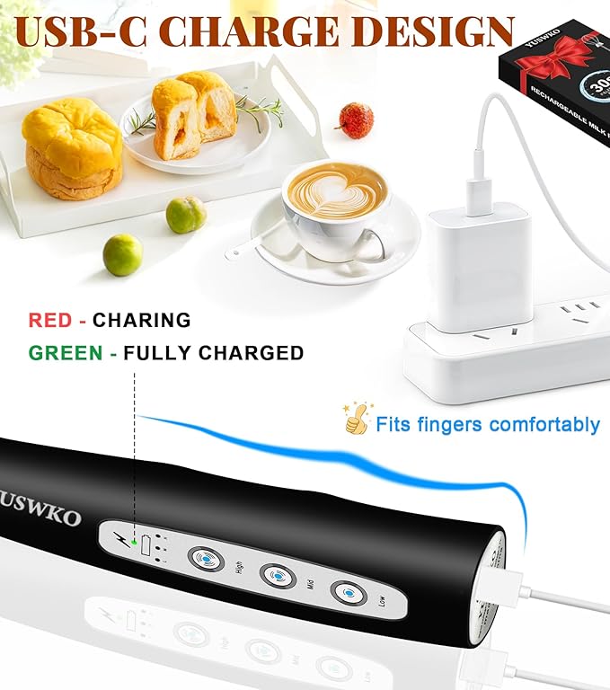 YUSWKO Milk Frother Handheld for Coffee, Rechargeable Drink Mixer with 3 Heads 3 Speeds Electric Coffee Frother Whisk, Gift for Many Occasions and Festival