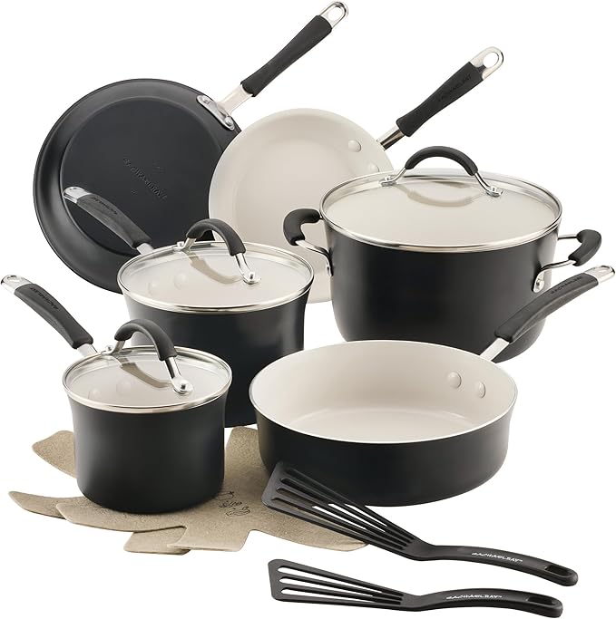 Rachael Ray Cucina Ceramic Cookware Set - 13 Pieces - Ceramic Pots and Pans Set w/Nonstick Frying Pans, Saute Pan, Saucepans, Stockpot, Lids, Pan Protectors & Cooking Utensils - Peppercorn