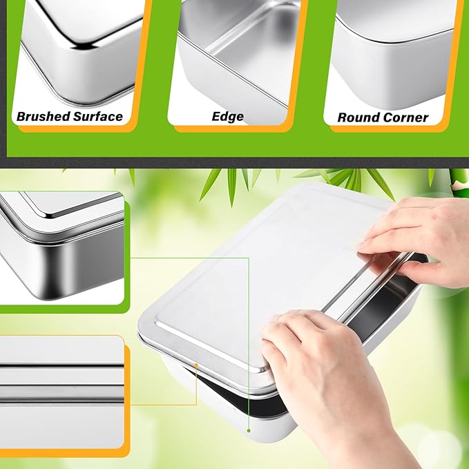 Tioncy 3 Sets Stainless Steel Cake Pan with Lid 11/9/5 Inch Rectangle Sheet Baking Pan with Covers Bakeware with Lids for Cakes Breads Casseroles Fish Vegetables and More