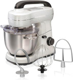Hamilton Beach Electric Stand Mixer, 4 Quarts, Dough Hook, Flat Beater Attachments, Splash Guard, 7 Speeds with Whisk, Easy-Carry Top Handle, White