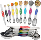 Magnetic Measuring Spoons Set of 9 with Leveler, Color-Coded Dual Sided Stainless Steel Measuring Spoon Set, Stackable Teaspoon and Tablespoon Set for Baking, Cooking, Kitchen Gadgets Dishwasher Safe