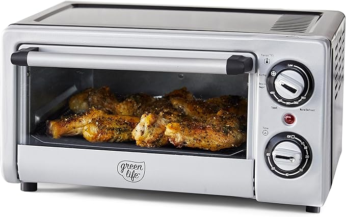 GreenLife Countertop Toaster Oven Air Fryer Stainless Steel, Healthy Ceramic Nonstick, PFAS Free, Tray & Basket, Bake, Broil, Reheat, Adjustable Temp & Time Control, Auto Shutoff, Black