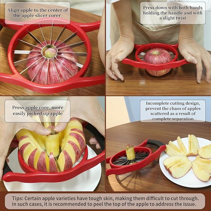 Newness 5.12 Inch Extra Large Apple Slicer, 16-Slices Heavy Duty Apple Cutter, Durable Apple Corer, Stainless Steel Apple Slicer and Corer - for Apple, Potato, Onion and More, Red