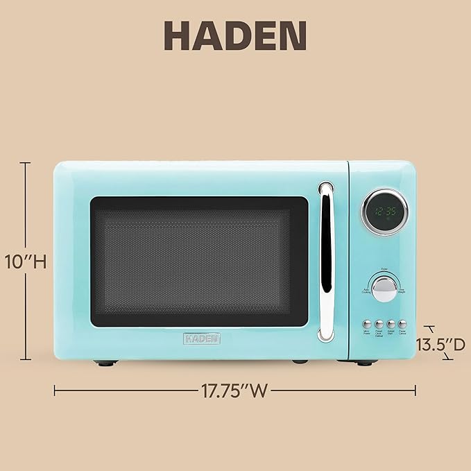 Haden 700 Watt 0.7 Cubic Foot Microwave Oven with Digital Controls, Defrost, and Instant Start Countertop Small Appliance, Turquoise/Chrome