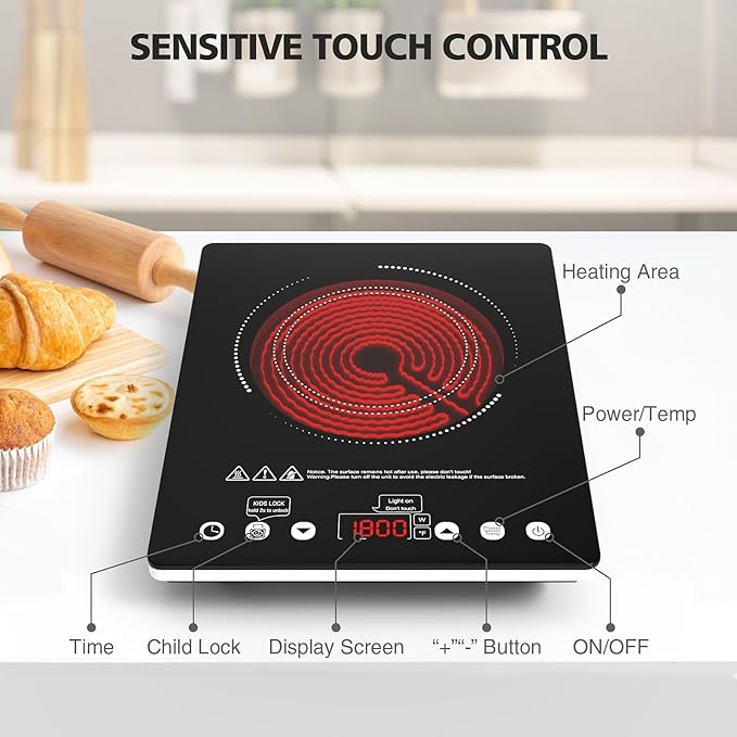 Single Burner Electric Cooktop, 1800W Electric Stove Top Portable, Infrared Hot Plate 110v Plug in Countertop, Child Safety Lock, Timer, 9 Power Level, Compatible for All Cookware, Induction Cookotp