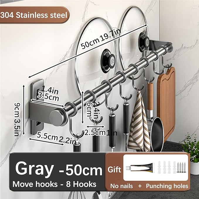 Hanging Wall Mount knife Wall Mount, Kitchen Organizer Storage Shelf for Utensils Spatula Spoon, Space-Saving Knife Rack with Hooks,Wall-Mounted Utensil Holder (Grey, 50CM+Single Pole+8Hooks)